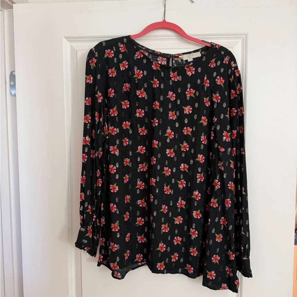 LOFT Black Blouse with Red Floral Design
